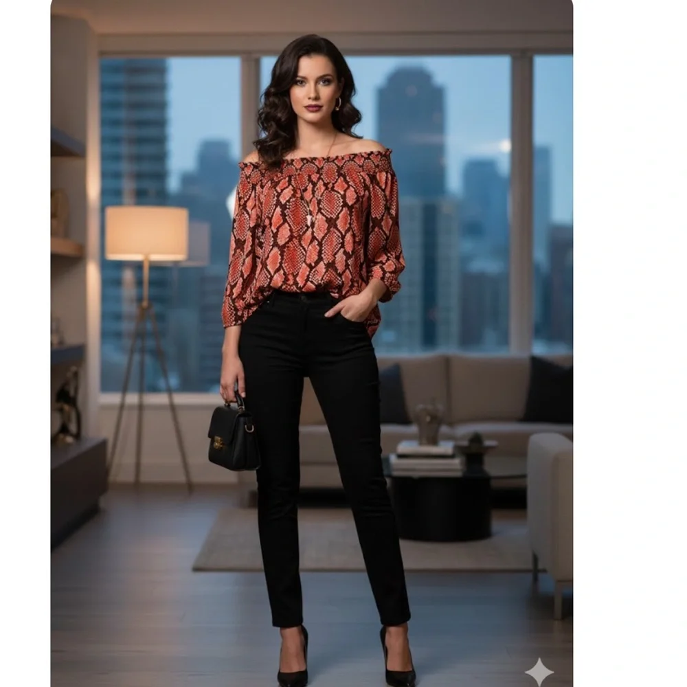 Michael Kors Red‎ and Black Snake Print off shoulder Blouse size XL